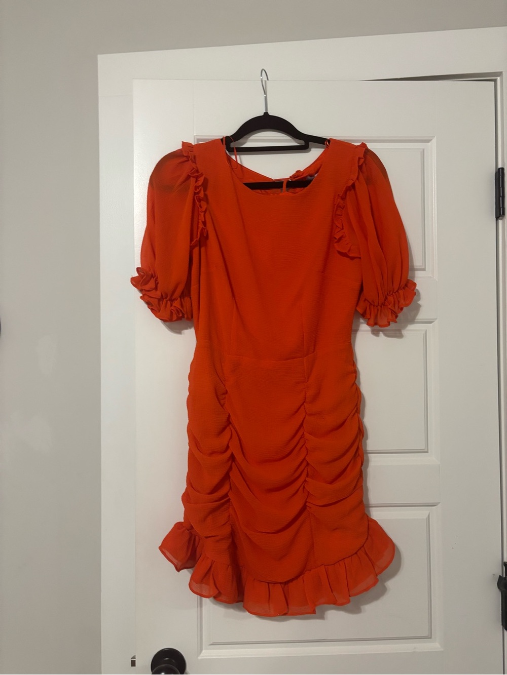 Orange Ruffle Ruched Short Sleeve Dress